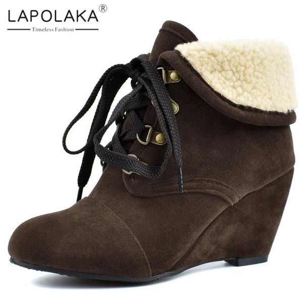 

boots lapolaka 2021 fashion wedge high heels lace up ankle woman shoes concise add fur warm winter booties ladies, Black