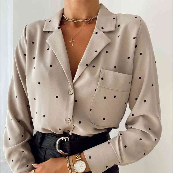 

women's blouses & shirts polka dot print women elegant turn-down collar long sleeve pocket work casual loose soft spring autum, White