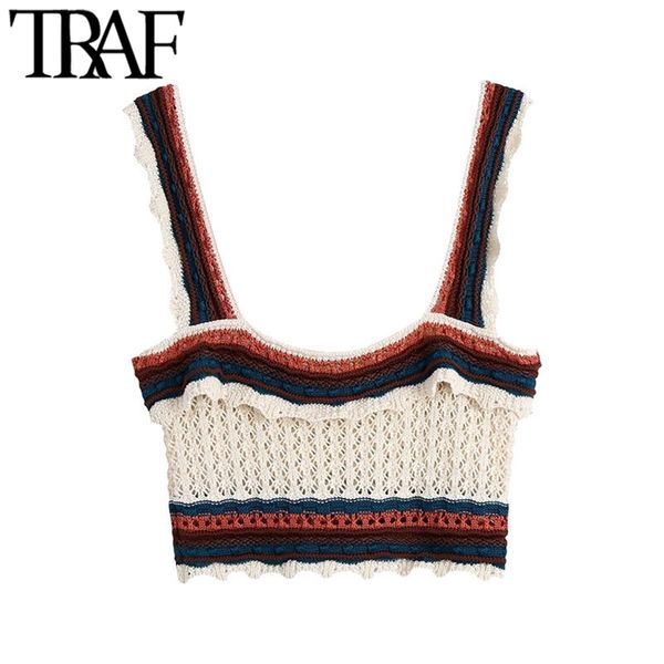 

women fashion with ruffles crochet knitted tank vintage square collar wide straps female camis mujer 210507, White