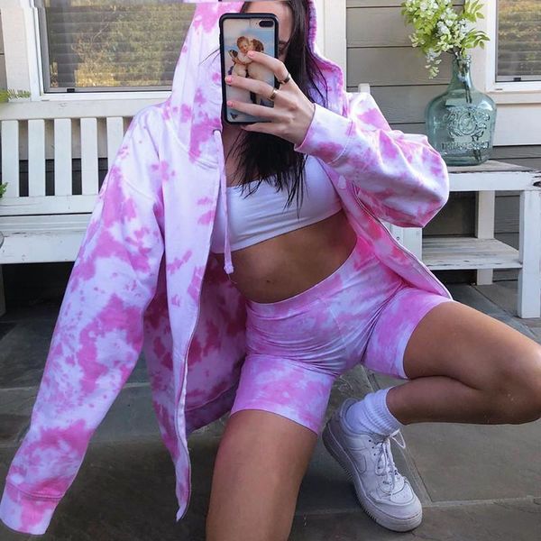 

women tie dye printed hoodies leisure coat ladies autumn winter zipper jacket hooded jumper streetwear 2021 pockets hoodie women's jack, Black;brown