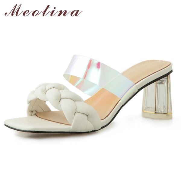 

meotina women sandals transparent high heels shoes square toe casual slippers summer slides design footwear white green 40 210520, Black