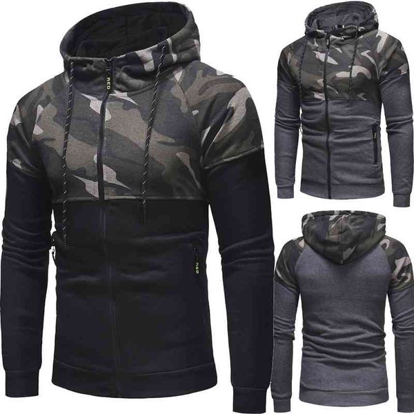 

men's hoodies & sweatshirts autumn and winter new classic camouflage splicing casual slim zipper hooded sweater w39, Black