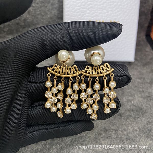 

tassel diamond inlaid pearl earrings female heavy industry light luxury design earrings fine jewelry discount, Golden;silver