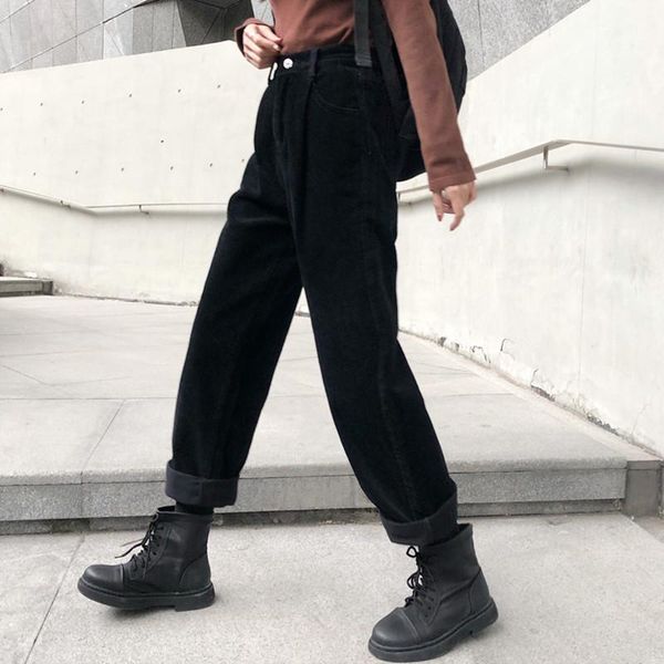 

women's pants & capris 2021 autumn wide leg women retro corduroy korean streetwear casual ladies high waist trousers straight vintage b, Black;white