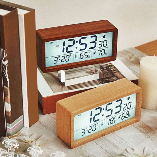 

other clocks & accessories wood battery powered lcd alarm clock humidity time display portable snooze mode bedroom tabletop