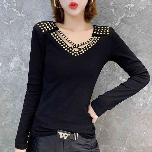 

women's t-shirt fashion hollow out rivet t-shirt women autumn winter european clothes camiseta mujer bottoming shirt tee, White