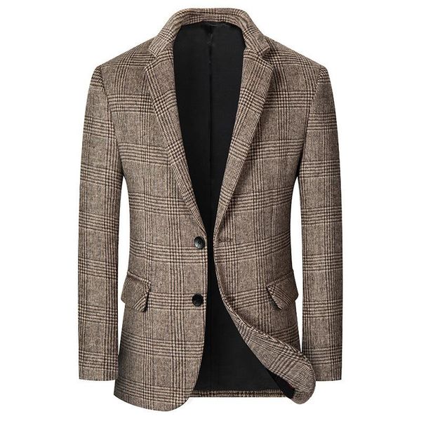 

men's wool & blends fashion winter trench suit coat blend pea slim fit single breasted oat business dowm blazer jacket, Black