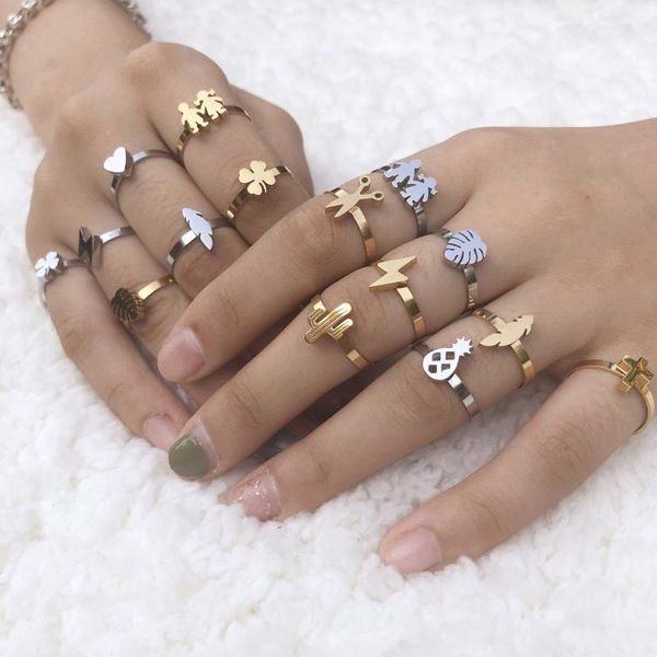 

cluster rings feather clover leaf heart shaped stainless steel ring set for women adjustable female fashion jewelry accessories, Golden;silver