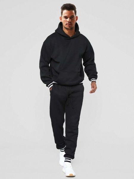 

men striped print kangaroo pocket hoodie and sweatpants g0ng#, Gray