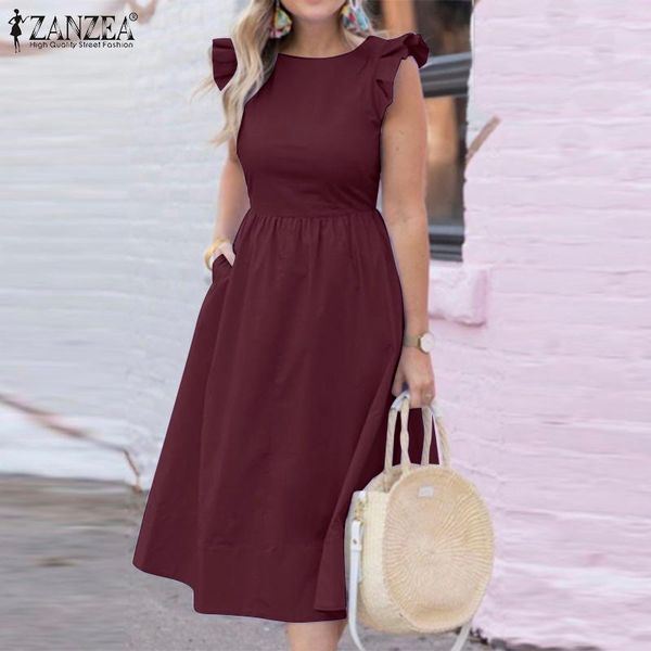 

casual dresses women summer sleeveless ruffle dress elegant party vestido office ol long midi solid knee length vestidos, Black;gray