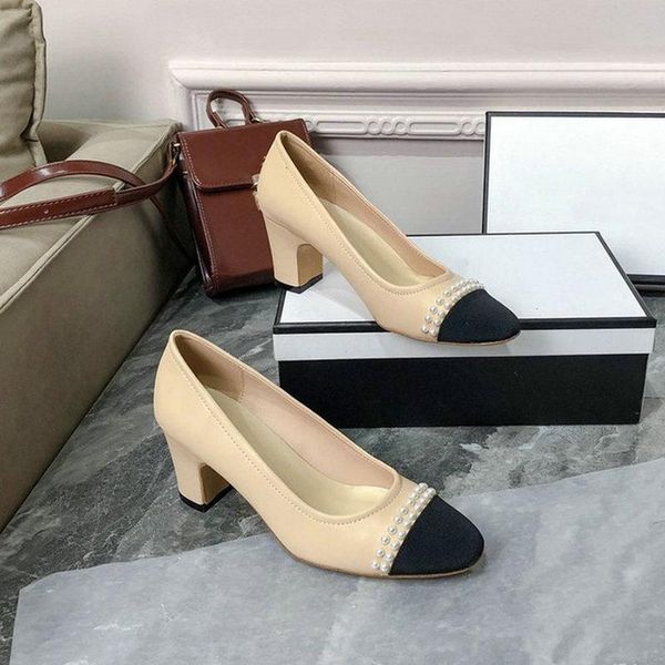 

luxury designers women shoes color matching pearl thick heel high heels black apricot square toe shallow mouth comfortable pumps dress