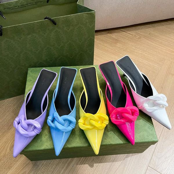 

spring summer women slippers fashion candy colors chain mules slip on slides shoes stiletto pointed toe dress sandal, Black