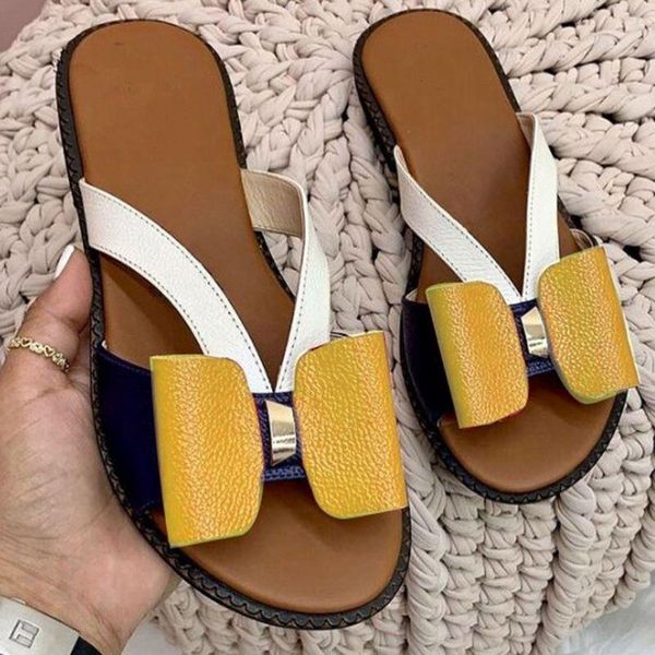 

slippers women sandals 2021 summer fashion flat color blocking bowknot large size pu beach outdoor slides, Black