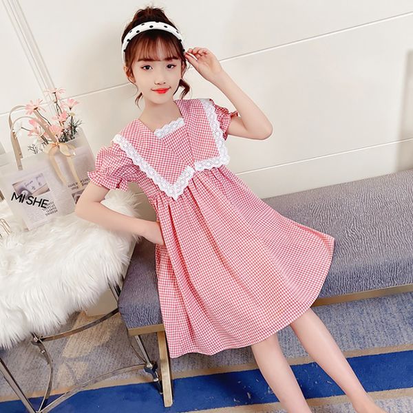 

new good quality factory price fashion selling childrens cute plaid short sleeve square neck princess dress, Red;yellow