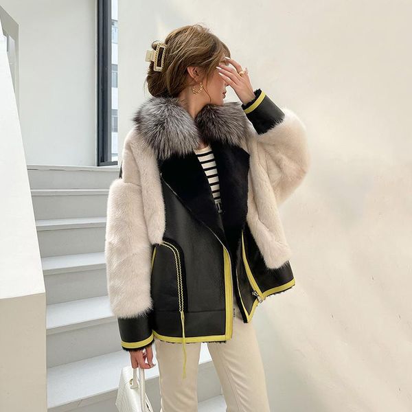 

women's fur & faux winter sheepskin coat genuine leather jacket with real silver collar and mink warm thick sheep outwear l, Black
