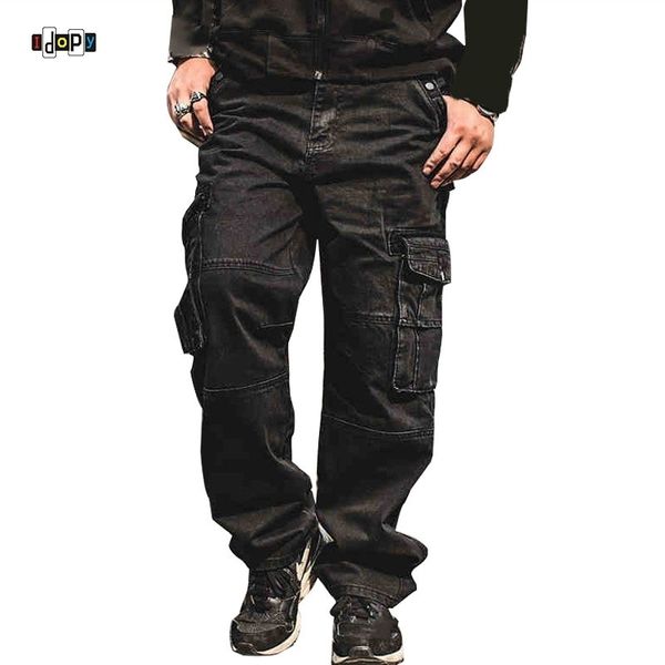 Idopy Männer Casual Cargo Jeans Multi Taschen Punk Hip Hop Lose Fit Denim Hosen Hosen Für Männliche Baggy Plus Größe 30-46 210320