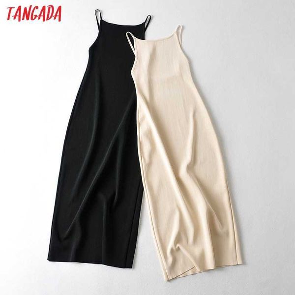 Tangada мода женщин твердой бежевый черный спитсный свитер платье без рукавов O шеи дамы MIDI AI73 210608
