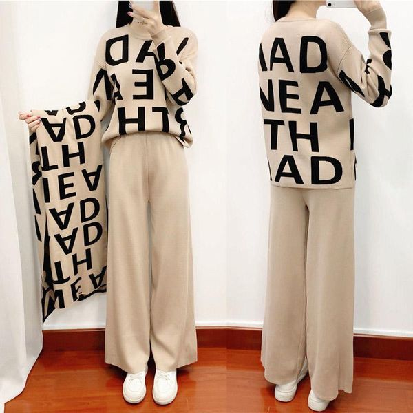 

women's two piece pants women knited letter sweater + pants+cape long scarf fashion three set suits knit pullovers wraps wide leg trous, White