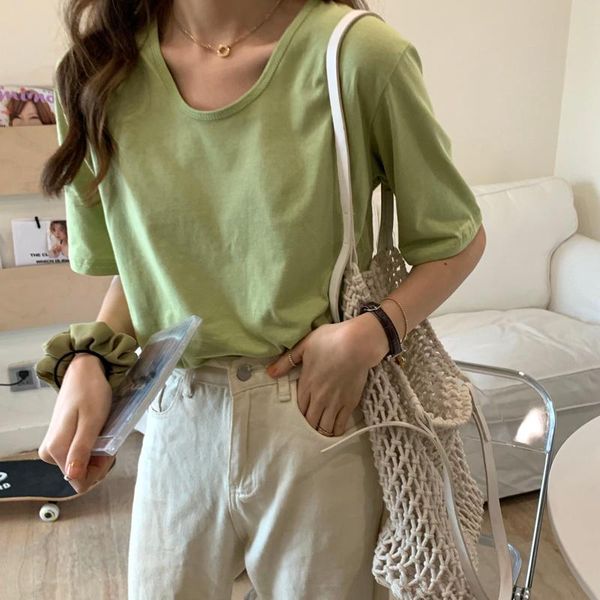 

women's t-shirt chic hong kong style short sleeve 2021 summer korean versatile loose slimming avocado green, White