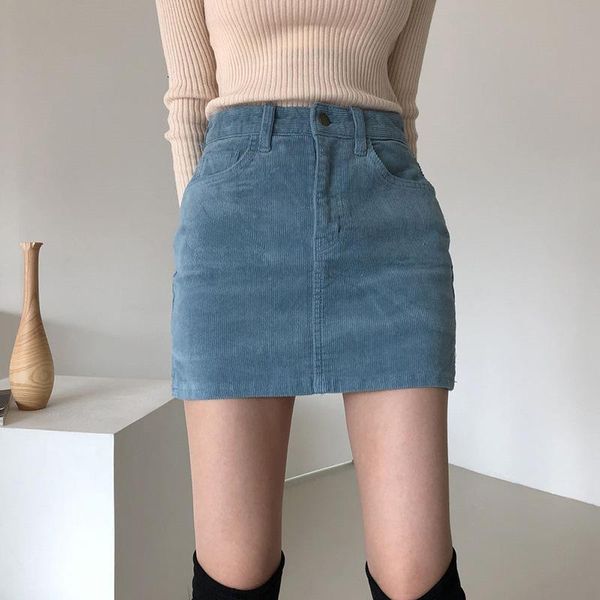 

skirts dewadbow 2021 fashion mini women vintage corduroy split blue black clubwear high waist pencil bodycon shorts-skirt