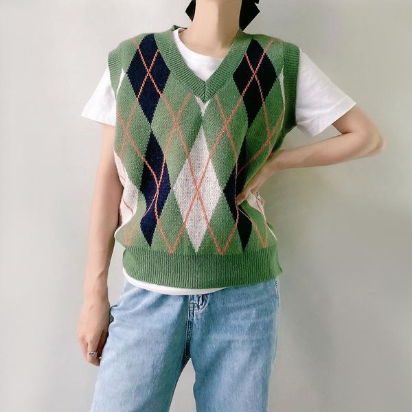

women's tanks & camis 2021 women college style v neck sweater vest classic sleeveless argyle printed loose knit tank for vacation dati, White