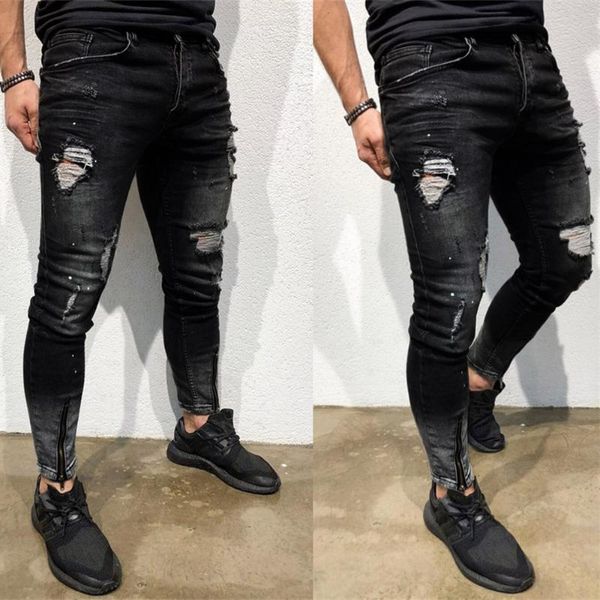 

men's jeans mens cool designer brand black skinny ripped destroyed stretch fit hop pants with holes for men trousers#f35, Blue