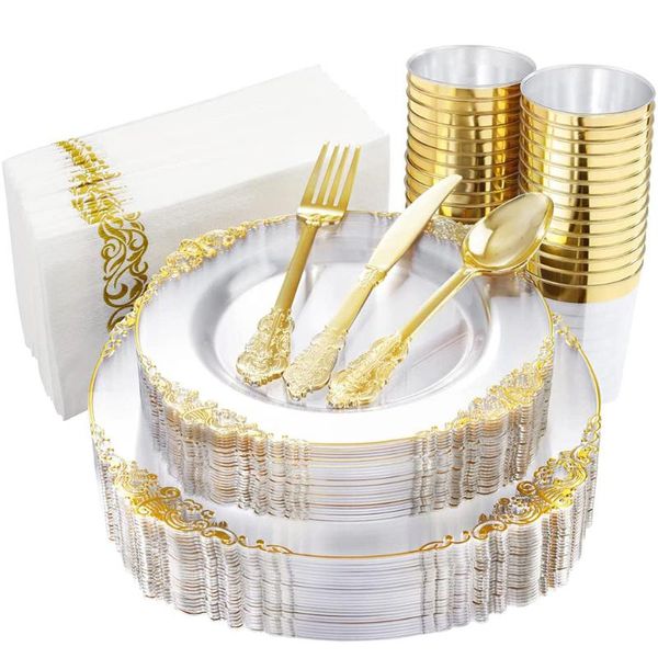 Stoviglie usa e getta 60 pezzi Stoviglie Vassoio in plastica dorata trasparente con posate Bicchieri Forniture per feste di matrimonio di compleanno