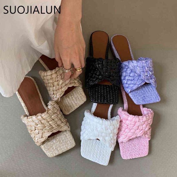 

suojialun 2021 brand women slipper fashion crocheting lafite grass square toe slides summer cane weave sandal casual flip flops k78, Black