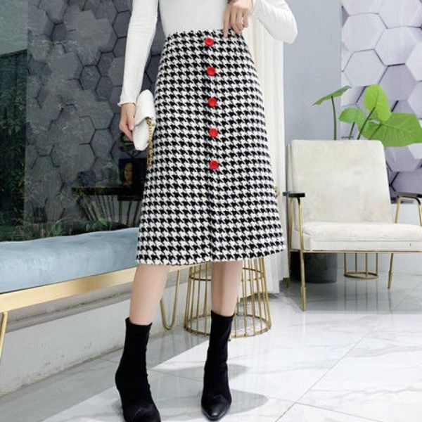 

fashion winter autumn midi woolen skirt women high waist checked work office skirts female button hip package houndstooth saias, Black
