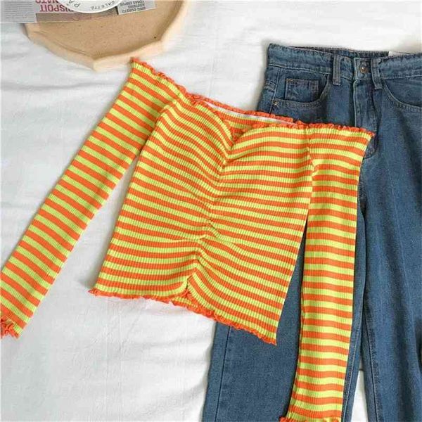 

autumn arrival 4 color korean short t-shirt slim fit long-sleeved a-line collar striped print 210527, White