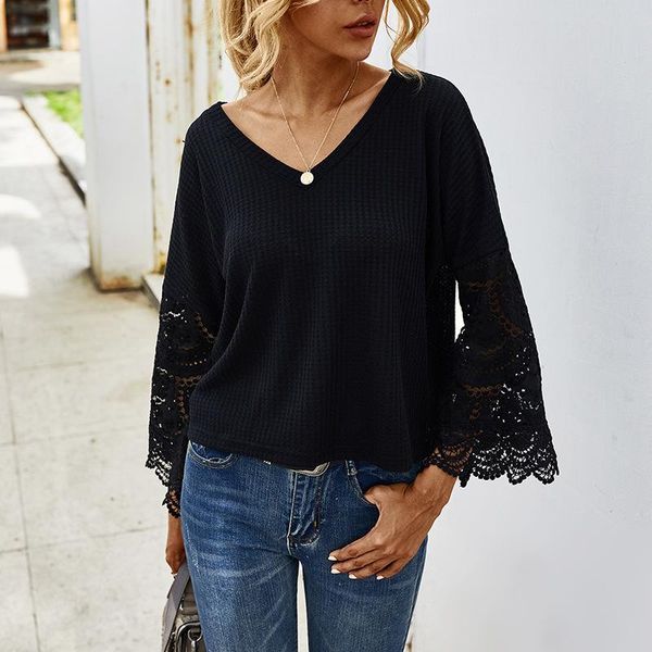 

women's t-shirt selling 2021 temperament commuter spring and autumn stitching lace long-sleeved women, White