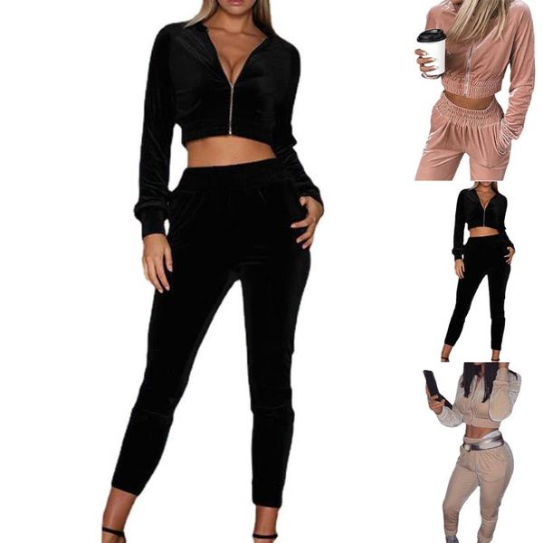 

women's two piece pants plain long sleeve crop + autumn casual tracksuit sweatshirt chandals mujer, White