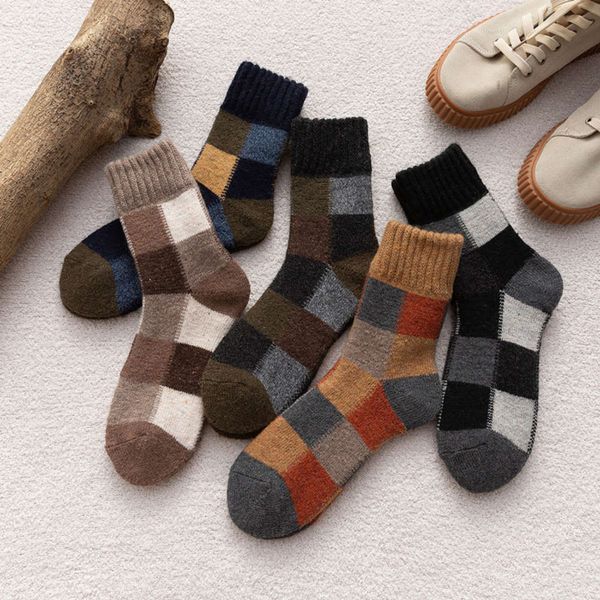 

socks in autumn winter fashionable plaid men's medium tube thickened terry warm wool, Black