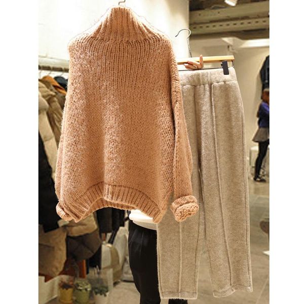 

women's suits & blazers autumn winter korean casual suit high-necked thick knit pullovers sweater straight wide leg trousers pants 2 pi, White;black