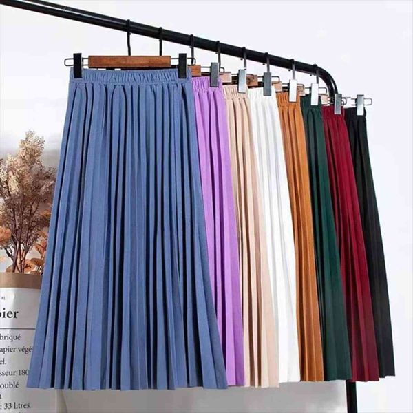 

spring autumn ropa mujer women skirt fashion vintage pleated loose elastic waist midi 6 colors optional khaki skirts female, Black