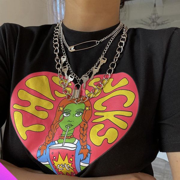 

pendant necklaces wholesale 5 key lock multilayer necklace alloy ladies men punk style jewelry gifts, Silver