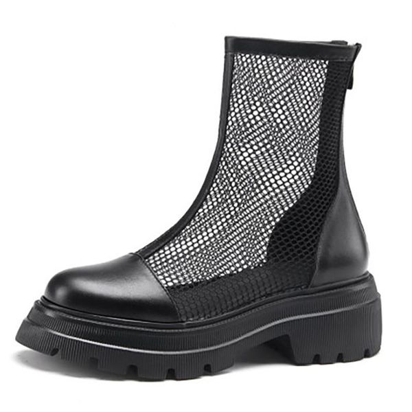 

boots mesh upper summer women real cowhide leather comfortable square heel shoes fashion latest designed, Black