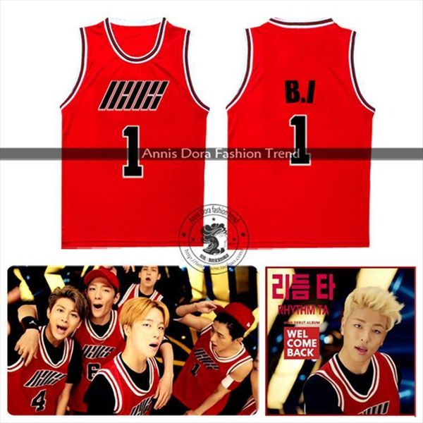 

ikon debut full album welcome back b.i bobby rhythma ta mv number same style red vest, White;black