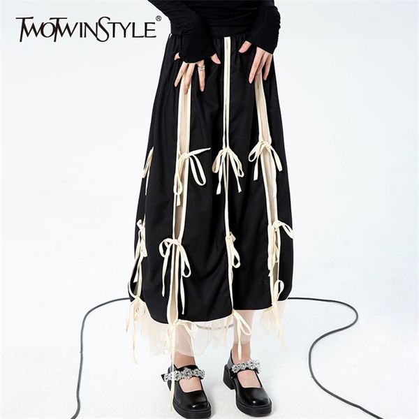 

hit color midi skirt for women high waist patchwork bow mesh vintage skirts female fashion clothing 210521, Black