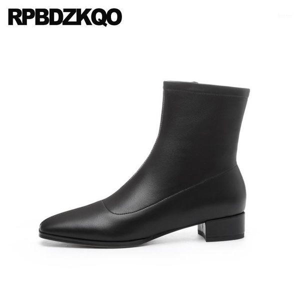 

boots 2021 square toe chunky short vintage autumn shoes block ankle fall retro genuine leather side zip women black1, Black