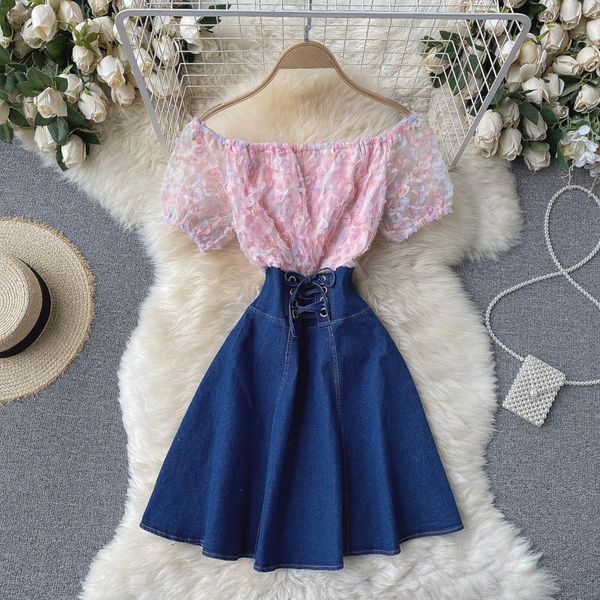 

fmfsoom summer women mesh bubble sleeve contrast stitching high waist denim skirt preppy style printing square collar sets 210513, White