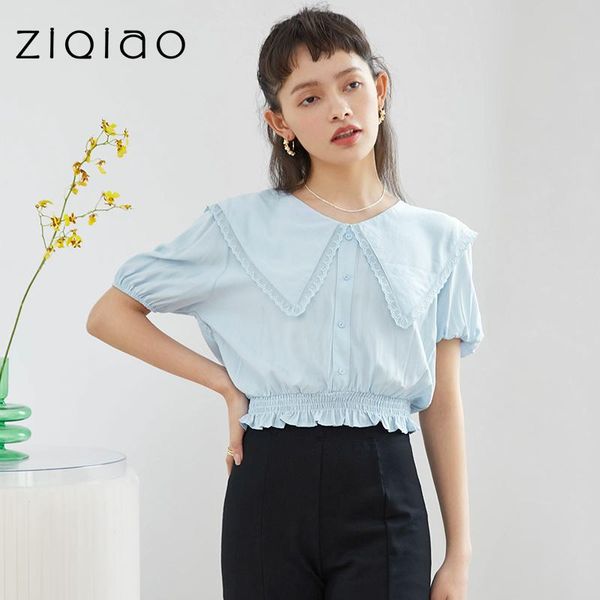 

women's blouses & shirts ziqiao petite size 2021 summer womens doll collar chiffon shirt short-sleeved fashion western style korean ve, White