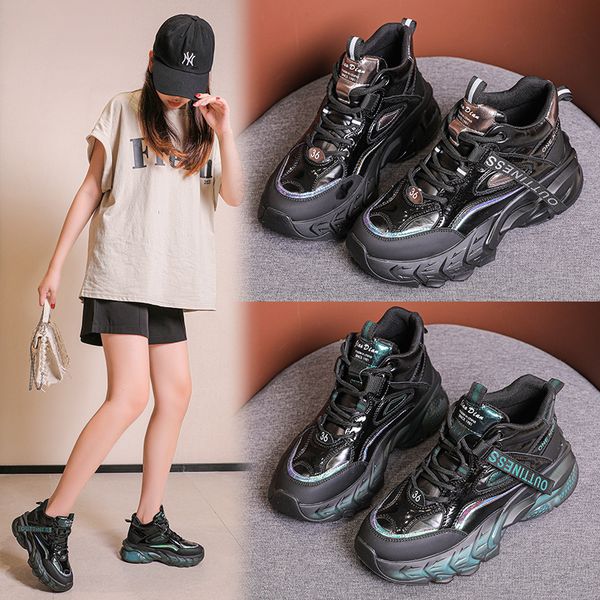 

2021 autumn trendy women's round head leather korean daddy shoes increased and versatile leisure fashion sneakers, Black;white