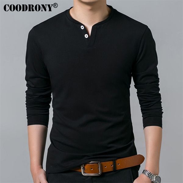 Couodrony t-shirt homens primavera outono de manga longa Henry colarinho camiseta marca macio puro algodão magro ajuste t-shirt 7625 210721