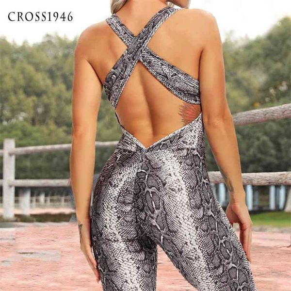 

snake pattern print women yoga set halter sports suit backless jumpsuit high waist hips trousers fitness tracksuit 210802, Gray