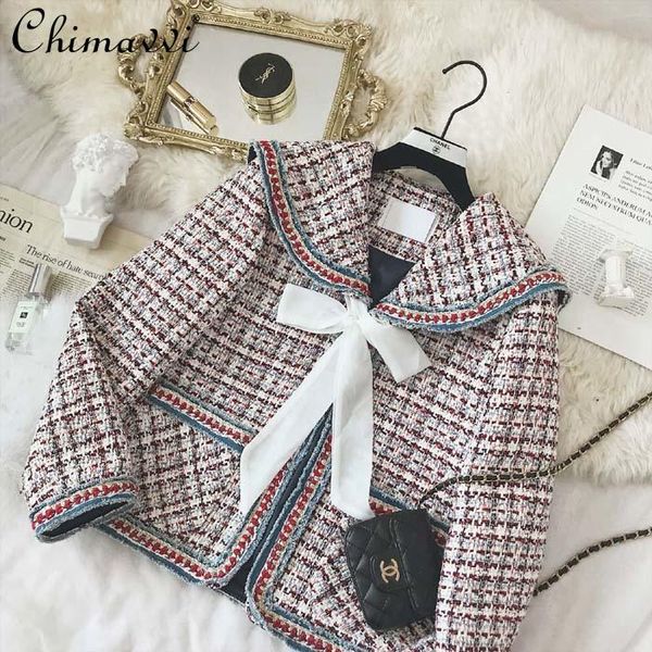 

women's jackets fashion navy large lapel collar woven tweed coat 2021 winter clothes long sleeve loose temperament all-matching, Black;brown