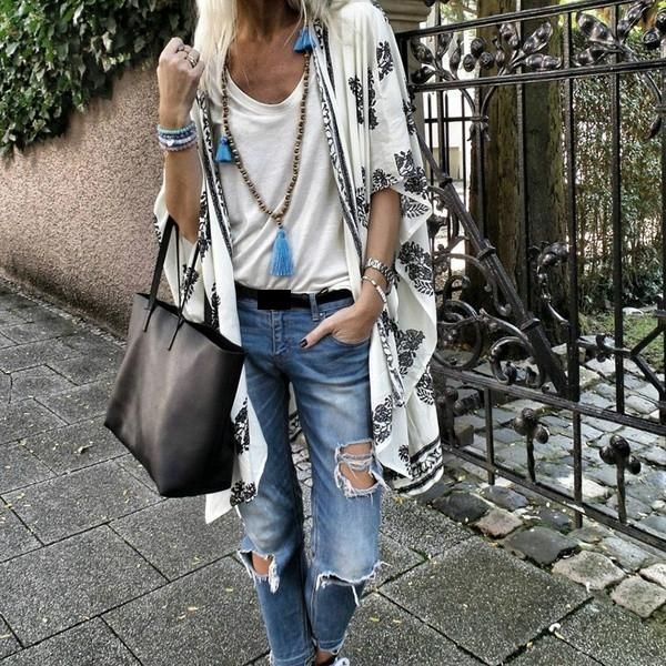 

women's blouses & shirts women vintage floral chiffon loose shawl kimono cardigan boho long sunscreen jacket blouse, White