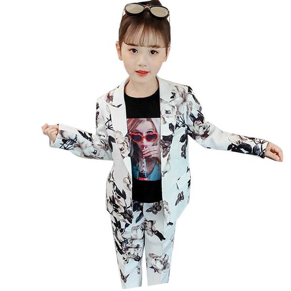 Anzug für Mädchen Kinder Kleidung Print Blazer Hosen Kleidung Mode Herbst mal Set 6 8 10 12 14 210528