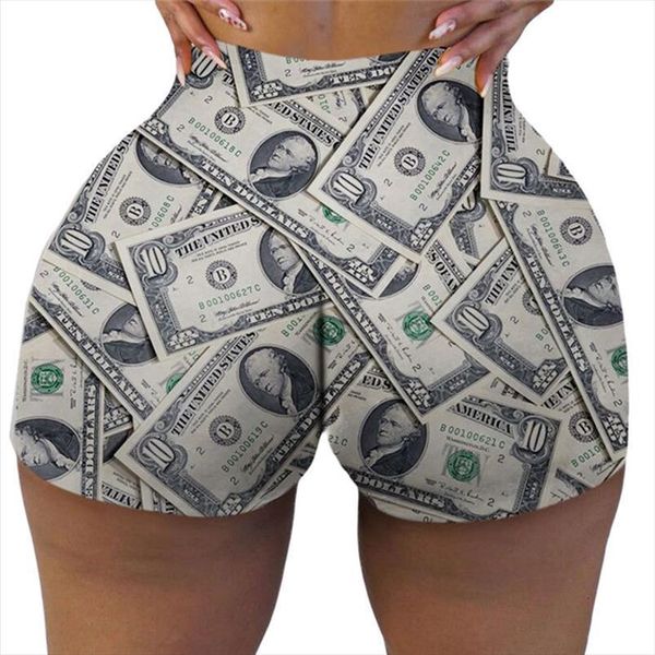 

summer casual pants personality women shorts dollar print pattern elastic high waist tight fitting, White;black