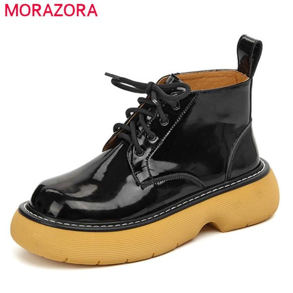 

boots morazora 2021 genuine leather shoes women flat platform round toe lace up fashion casual ankle, Black
